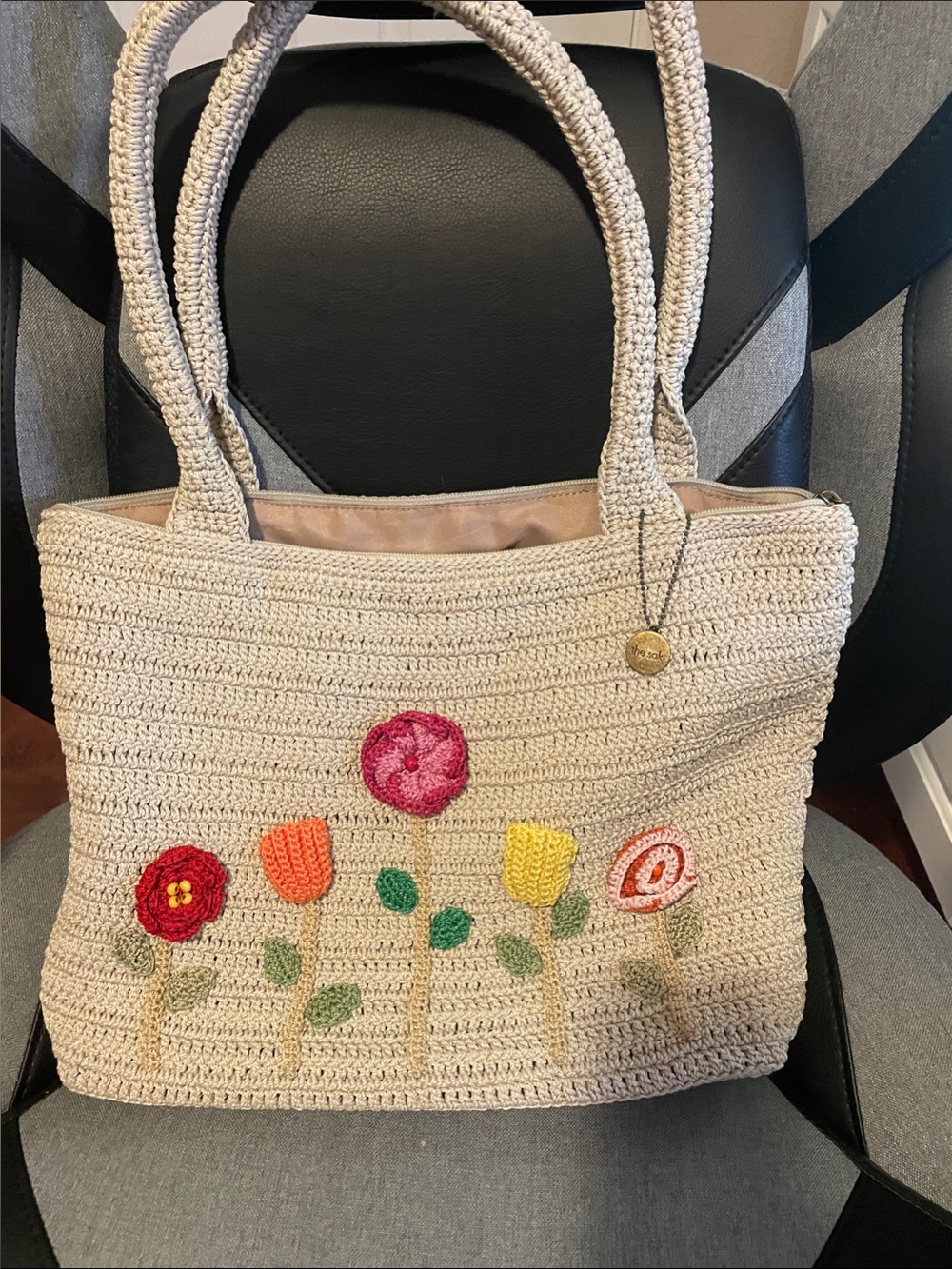 The Sak Cream Crochet Tote with Multicolor Floral Appliqués